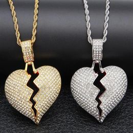 Iced out Broken Love Heart Pendant Necklaces Bling Crystal rhinestone Love charm Gold Silver ed chain For women Hip hop Jewel303y