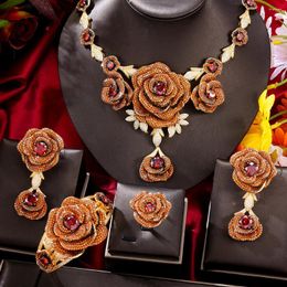 Necklace Earrings Set GODKI Trendy 4PCS Luxury Ruby Flower Statement Jewellery For Women Wedding Cubic Zircon African Dubai Bridal