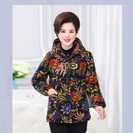 Women's Trench Coats 2023 Women Winter Middle Age Cotton-padded Jackets Female Large Size Printed Ladies Thick Warm Hooded Parkas R907