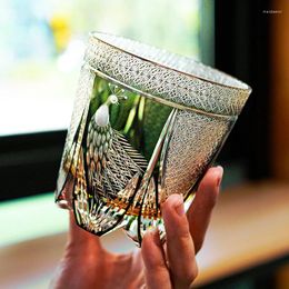 Wine Glasses JINYOUJIA-Edo Kiriko Whisky Cup Hand Cut Peacock Pattern Collection Level Emerald Green Colour K9 Crystal Glass