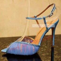 Dress Shoes Peep Toe Tulle Sandals Stiletto High Heel Luxury Crystals Trim Pleated Mesh Summer Ladies Graceful Evening 231214