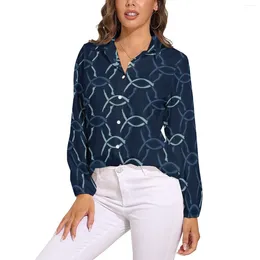 Camicette da donna Camicetta ampia con stampa a catena Blu indaco Net Street Wear Camicia estetica a maniche lunghe da donna oversize Design primaverile