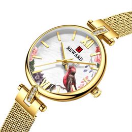 Elegant Charming REWARD Quartz Ladies Watch Glaring Watches Flowers and Birds Dial Womens INS Style Mineral Glass Glossy Mesh Stra252S