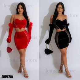 Two Piece Dress Sexy Rhinestone Dress 2 Piece Skirt Sets 2023 Luxury Evening Feather Dress Crop Elegant Tops Winter Sexy Two Piece Sets Outfit T231215