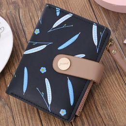 Wallets Woman's Short PU Leather Purse Leaf Printed Wallet Buckle Change Pocket Two-Folded Coin Card Holder Billfold