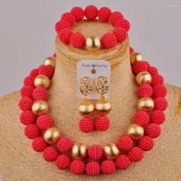 Necklace Earrings Set Costume African Jewelry Red Beads Simulated Pearl
