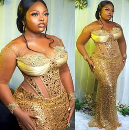 Shine Gold Plus Size Aso Ebi Abendkleider Illusion Mermaid Sheer Neck Langarm Kleid für schwarze Frauen Geburtstagsfeierkleider zweite Empfangskleid