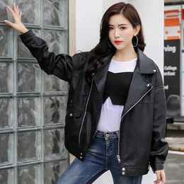 Women's Leather Faux Black Beige Short PU Outerwear Women Spring Autumn Slim Turndown Collar Long Sleeve Casual Biker Jacket 231214