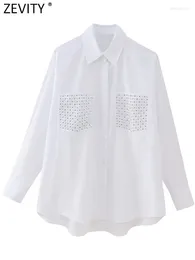 Women's Blouses Zevity Women Fashion Rivet Design Double Pockets Patch White Poplin Smock Blouse Office Lady Chic Slim Shirts Blusas Tops