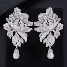 Dangle Chandelier GODK 76mm Luxury Peony Flower Blossom Cubic Zirconia Women Statement Long Drop Earring Wedding Party Bridal Fringed Jewelry Gift 231214