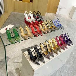 2024 Designer Sandals Women's Flat Heels 100% Genuine Leather 7cm High Heel Crystal Inlaid Designer Shoes Narrow Band Sandals Black White Pink Slippers
