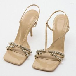 Sandals TRAF Summer High Heel Women 2023 Luxury Rhinestones Straps Heels Casual Beige Stiletto Shoes Female Wedding Bride Sanda