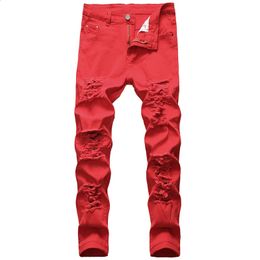 Мужская джинсовая джинсовая джинсовая дыра разрушенные брюки модельер -дизайнер бренд плюс размер прямых разорванных брюк. Беспомянутый белый красный 231214