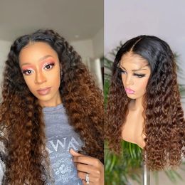 Synthetic Wigs Two Tone Full Lace Human Hair Kinky Curly Black Gold Brown Wig With Strap And Clips For Women Natural Hairline 231215