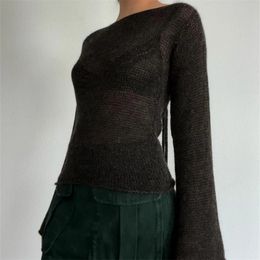 Women s Sweaters Y2K Tie Back Women Long Sleeve Boat Neck Solid Colour Knitted Pullover Casual Crochet Tops 2023 Fall 231215