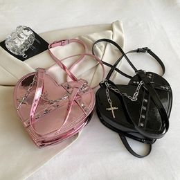 Evening Bags Y2K Vintage Korean Small Chain Shoulder Bag Heart Shaped Purse Handbags Pink PU Leather Gothic Tote Bags Ladies Crossbody Bags 231215