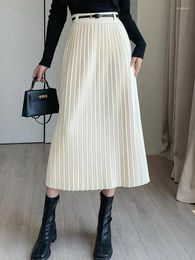 Skirts Fashion Wool Knitting For Women High Waist Pleated Casual Elegant Flounce Ankle Length Long Solid Gauze Skirt
