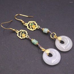 Dangle Earrings Real S925 Sterling Silver For Women Hetian Jade Gold-color Flower Ethnic Style Gemstone 2.6inch Length