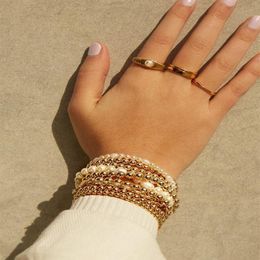 Trendy 6 Pieces Multi Layers Layering Stacked Pearl Gold Ball Beaded Bracelets Set Beaded Strands289Q