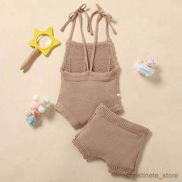 Clothing Sets Newborn Baby Girls Solid Lace-up Knitted Backless Sling Rompers Drstring Ruffle Brim Shorts Beach Summer Clothes Outfits Sets R231215