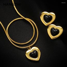Pendant Necklaces HangZhi Black Heart Stone Titanium Steel Gold Color Necklace Earrings Trendy For Women Party Jewelry Accessories 2023