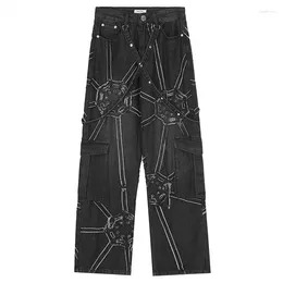 Men's Jeans Harajuku Streetwear Net Splicing Baggy Hip Hop Denim Pants Black Loose Casual Straight Cargo