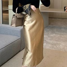 Skirts Skorts 2023 Fashion Autumn Winter Golden Leather Pu Bodycon Skirt Vintage Designer Women High Waist Office Ladies Split Midi 231215