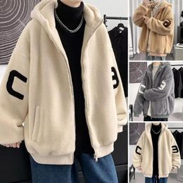 Men's Jackets Fall Winter Men Coat Thickened Plush Soft Cozy Hooded Letter Decor Loose Mid Length Long Sleeve Casual Elastic Cuff Jacket