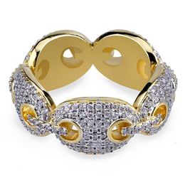 High Quality Hip Hop Ring Iced Out Micro Pave Zircon Chain Link Ring Gold Colour Plated Bling Jewelry269H