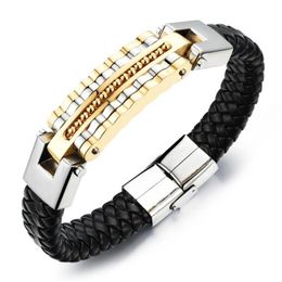 Tennis Black Leather Bracelet Men Charm Bangle Stainless Steel Fashion Jewellery Rock Chunky Men's Bracelets270U