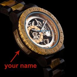 Relogio Masculino BOBO BIRD Mechanical Watch Men Wood Wristwatch Automatic Customised Name for Dad Wooden Gift Box Y200414311t