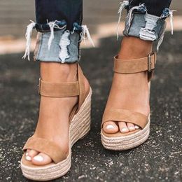Sandals Tops Summer Shoes Women Summer Large Size Wedge Buckle Belt Open Toe Slope Heel Weaving Sandals Decoration Chunky Heels 231215