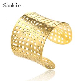 Sankie Wide Cuff Bracelets & Bangles For Women Stainless Steel Fashion Jewelry Gold Color Geometric Hollow Bangle Bracelet272P