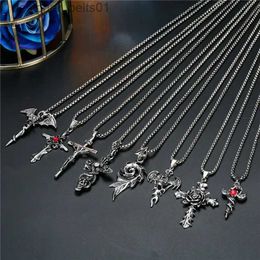 Pendant Necklaces 1PC Punk Vintage Metal Rose Cross Skeleton Necklace Personality Gothic Red Zircon Sword Pendant Necklace Women Men Jewellery N70L231215