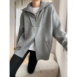 Women's Knits Casual Solid Double Zipper Lazy Fashion Big Loose Profile Lapel Knit Cardigan Sweater Ladies' Autumn&Winter Clothings