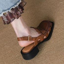 Cowhide Style Roman Sandals Shoes Square Ladies Toe Summer Spring Autumn Women Female Retro Cut Outs Pumps