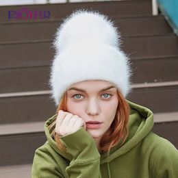 BeanieSkull Caps ENJOYFUR Winter Hats for Women Warm Long Rabbit Fur Hair Female Caps Fashion Solid Colors Wide Cuff Young Style Beanies 231215