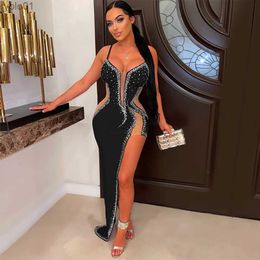 Urban Sexy Dresses Sexy Sheer Mesh Patchwork s Maxi Party Dress Women Spaghetti Straps Side Split Backless Bodycon Long Robe ning GownsL231215