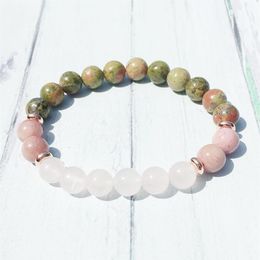 MG0361 8 mm Unakite Women's Yoga Bracelet Natural Rhodonite Beaded Wrist Mala Bracelet Energy Rose Quartz Jewelry256G