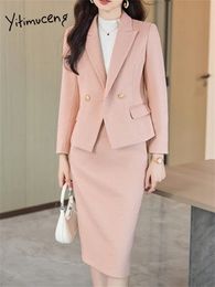 Women's Suits Blazers Yitimuceng Pink Suit Women Blazer Set 2023 Fashion Office Ladies Long Sleeve Turn Down Collar Elegant Midi Skirt 231214