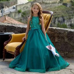 Classic Long Green Flower Girl Dresses Jewel Neck Sequined Tulle Sleeveless with Bow A Line Floor Length Custom Made for Wedding Party