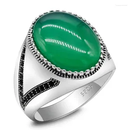 Cluster Rings S925 Sterling Silver Men's Green Agate Ring Natural Stone Retro Punk Jewelry No. 8-13