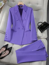 Kvinnors kostymer blazers mode kontor damer formell byxdräkt set kvinnor blå rosa gult kvinnligt affärsarbete slitage 2 bit blazer jacka och byxa 231214