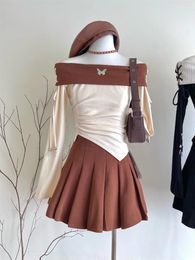 Skirts Sweet Girl Cute Sexy One-shoulder Top Fashionable High-waisted Pleated Skirt Two-piece Suit Complete Autumn Outfit Freshing