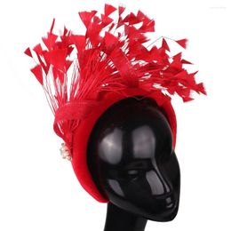 Red Church Wedding Fancy Feather Headwear Ladies Womens Hair Bands Fascinators Accessories For Princess Banquet Mesh Headdress