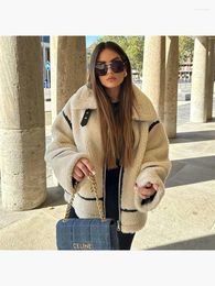 Women's Fur Fashion Patchwork Striped Zipper Ladies 2023 Berber Fleece Winter Thick Outwear Womens Belt Collar White Loose Furry Jackets