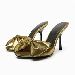 Sandals TRAF Women Gold High Heel Sandal With Bow Sexy Rounded Toe Heeled Slides Slingbacks Outdoor Chic Heels Shoe