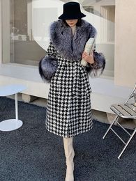 Women's Fur Faux Fur Women Plaid Wool Blends X-Long Real Fur Coat Winter Jacket Super Large Fox Fur Collar Cuffs Tweed Women Slim Belt Thick Warm 231214