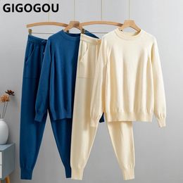 Womens Two Piece Pants GIGOGOU Two Piece Autumn Basic Women Sweater Tracksuit Fashion Knitted sweaterharem pants set Womens casual winter set 231214