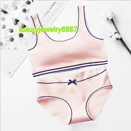 8-16Years New Stripe Teenager Girl Training Bra Set with Cute Bow Wireless Teen Girls Bra and Panty Cotton Underwear Set